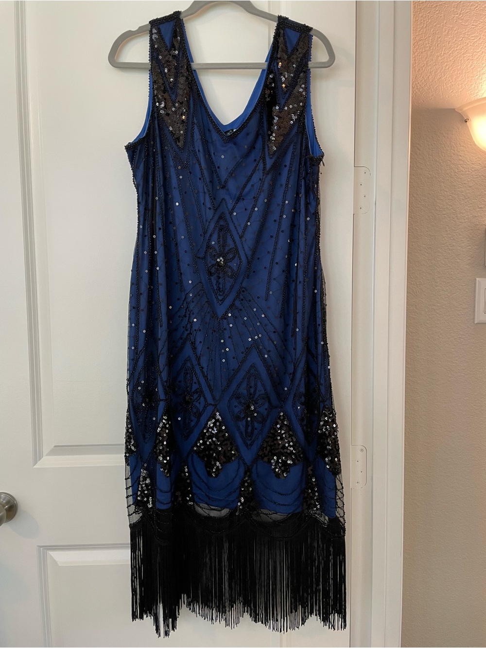 Beaded Navy Fringe Flapper Style Midi Dress